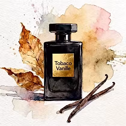 Dark fashion perfume bottle labeled "Tobacco Vanille" set against a stylish black and gold background, accompanied by a few dried tobacco leaves and two vanilla pods.