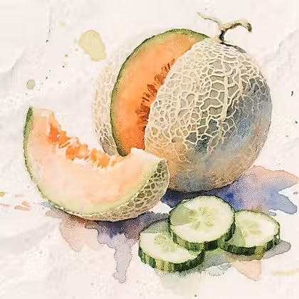 A whole cantaloupe with one slice beside it, accompanied by a few slices of green cucumber.