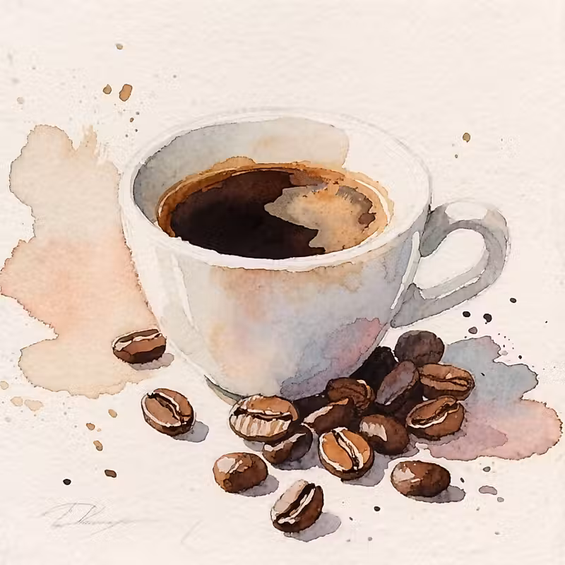 Une peinture à l'aquarelle de grains de café et d'une tasse de café