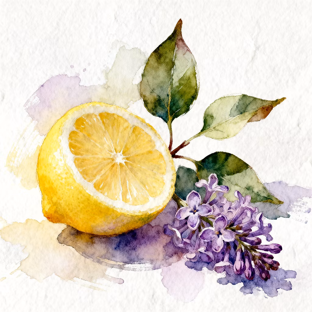 juicy calabrian lemon next to few lilac leaves and one lilac flower