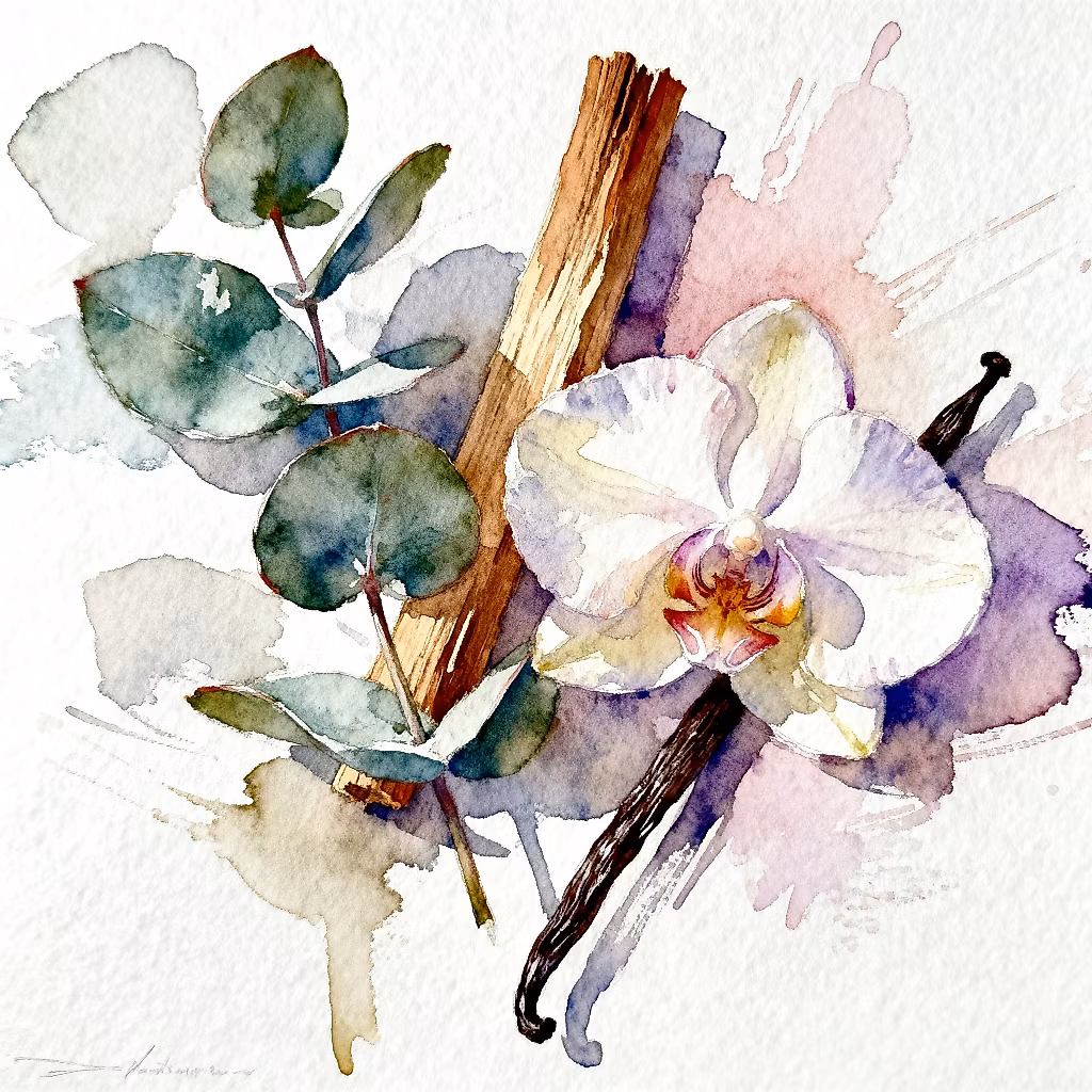 watercolor of few eucalyptus leaves and Orris flower next to natural sandalwood stick and one vanilla pod using loose and expressive brush strokes