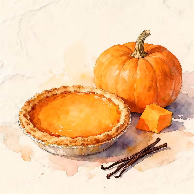 Une tarte faite à la main à côté d'une citrouille orange entière et 2 gousses de vanille