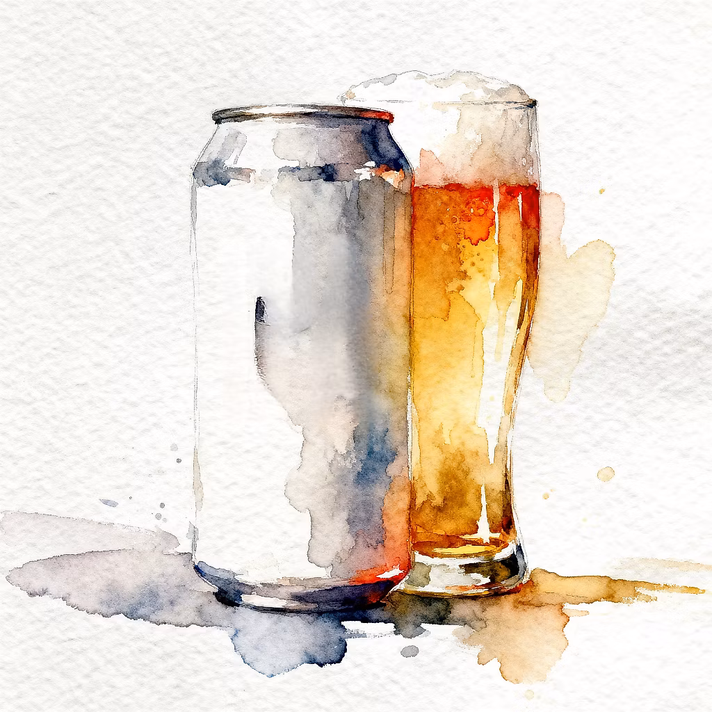 watercolor of Glass of Beer next to the can of beer without any brand