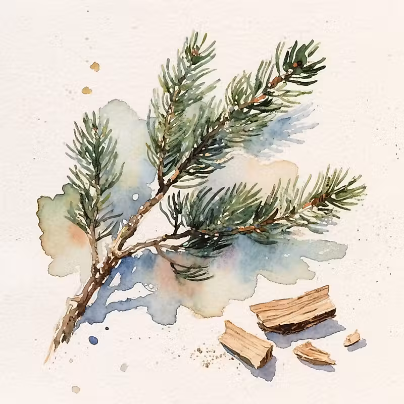 Branche de cèdre à côté de quelques copeaux de bois