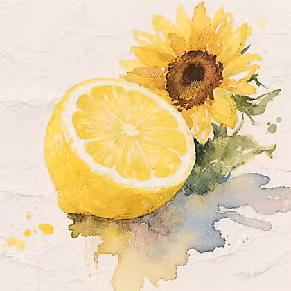 A yellow complete lemon next to a sunflower