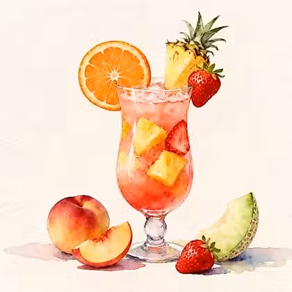 A glass of cocktail juice next to many fruits slices and chunks
