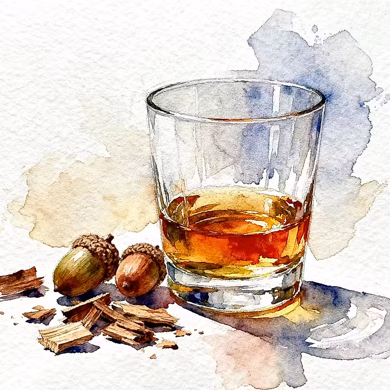 verre de whisky à côté de copeaux de bois et de quelques chênes