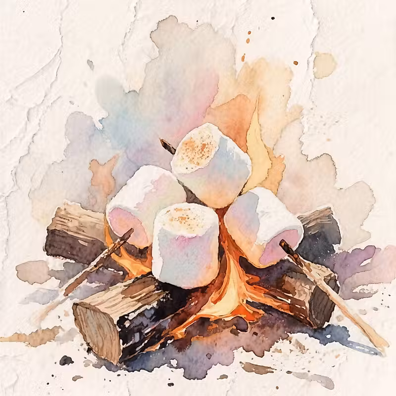 peinture à l'aquarelle de guimauves sur un feu de camp