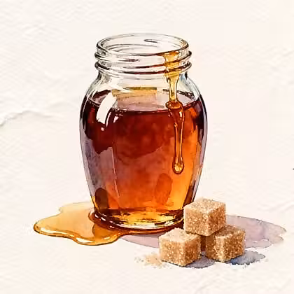 A honey clear jar next to three cubes of brown sugar