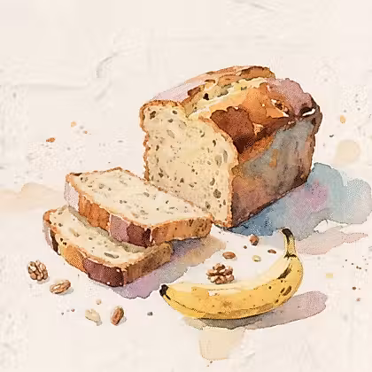 a watercolor painting of a loaf of bread and a banana