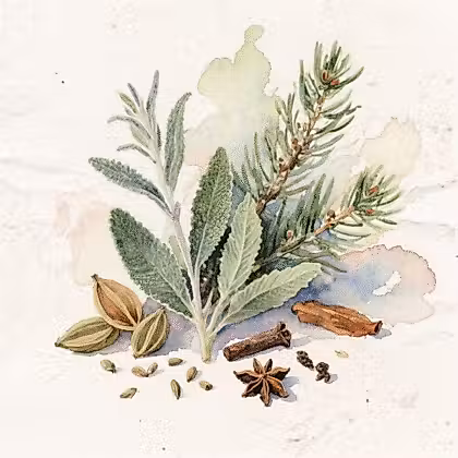 Balsam needles, sage leaves and spices seeds.