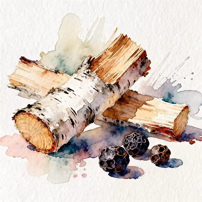 Bâtons de bois de bouleau à côté de trois morceaux noirs