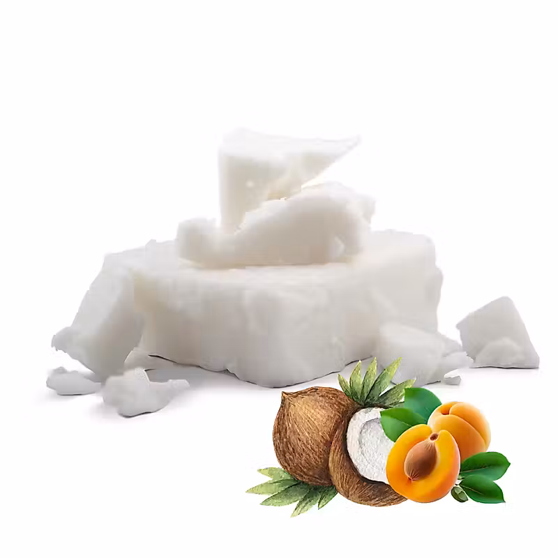 Huile de noix de coco isolée sur fond blanc avec fruits d'abricot et de noix de coco
