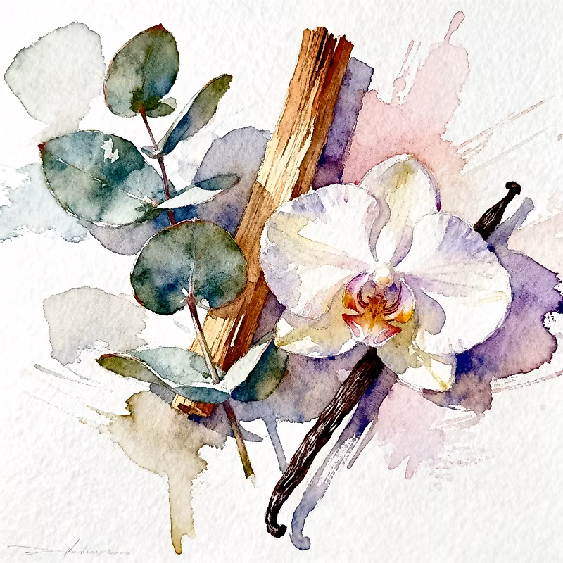 aquarelle de quelques feuilles d'eucalyptus et d'une fleur d'iris à côté d'un bâton de bois de santal naturel et d'une gousse de vanille, réalisée avec des coups de pinceau libres et expressifs