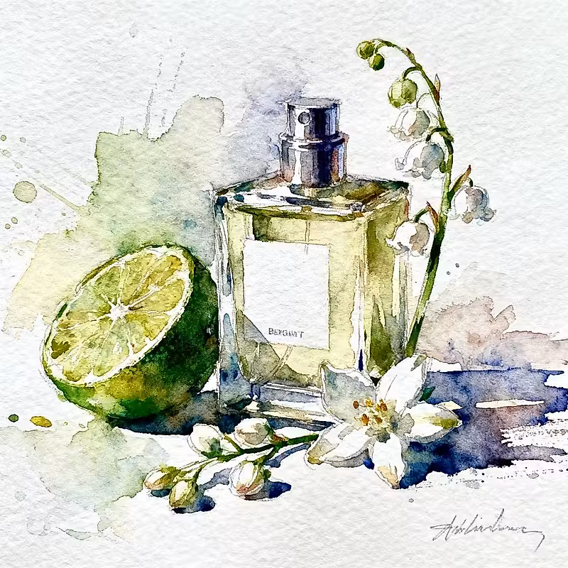 Flacon de parfum transparent de luxe à côté d'une demi-bergamote juteuse, d'une fleur de jasmin et d'un muguet
