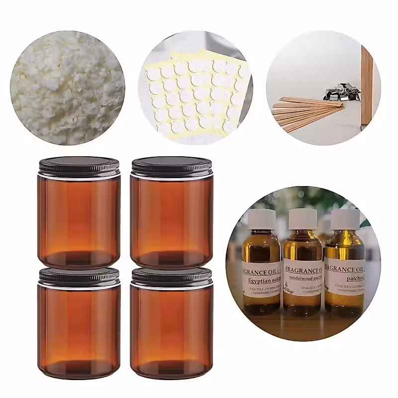 Éléments de fabrication de bougies, divers pots ambrés, huiles parfumées et autres articles