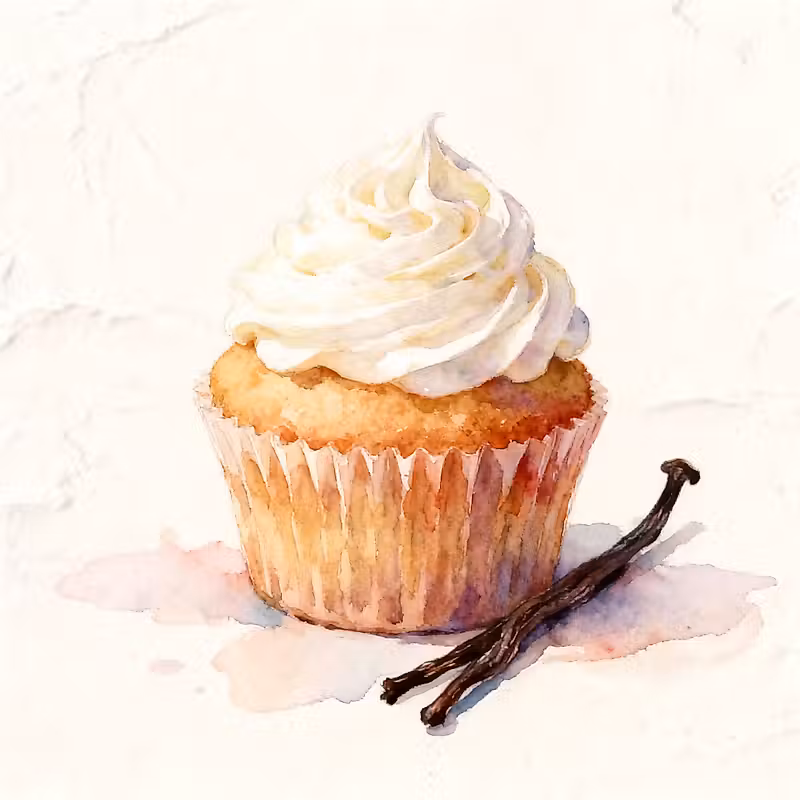 Cupcake avec crème fouettée à côté d'une gousse de vanille foncée