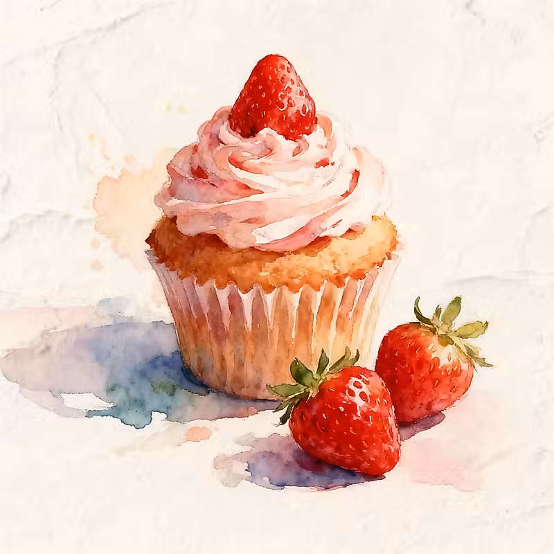Un cupcake avec de la crème fouettée et une fraise sur le dessus, à côté de deux petites fraises fraîches.