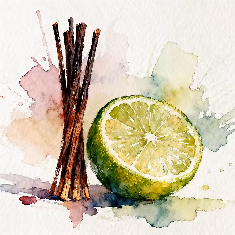 Une peinture à l'aquarelle d'un citron vert et d'un morceau de bois