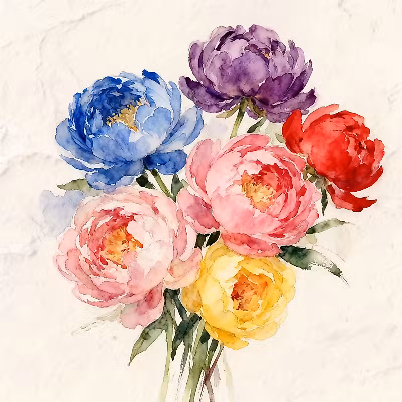 un bouquet de fleurs roses, bleues, rouges, violettes et jaunes