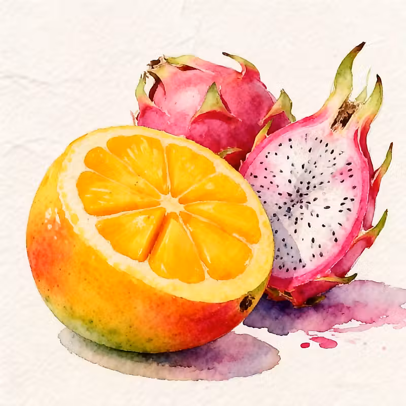Demi-mangue juteuse à côté d'un fruit du dragon