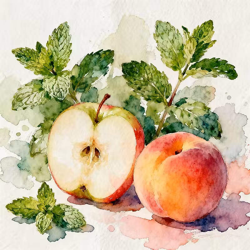 De nombreuses feuilles de menthe verte, une pomme juteuse à côté d'une pêche juteuse.