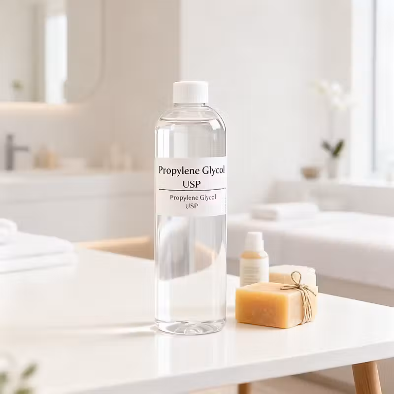 Une bouteille transparente avec l'étiquette Propylène Glycyole à côté d'une savonnette dans une scène de spa