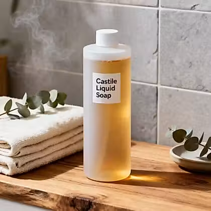 Frosted white bottle with golden or amber-hued natural soap liquid inside