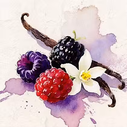 Colores berries next to vanillz pod and white flower.