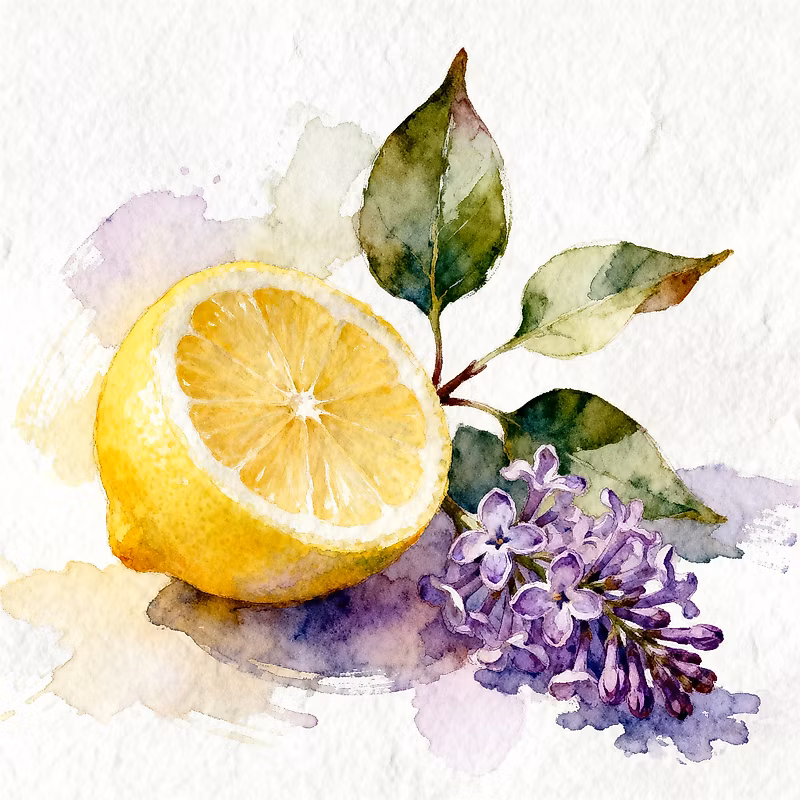 citron de Calabre juteux à côté de quelques feuilles de lilas et d'une fleur de lilas