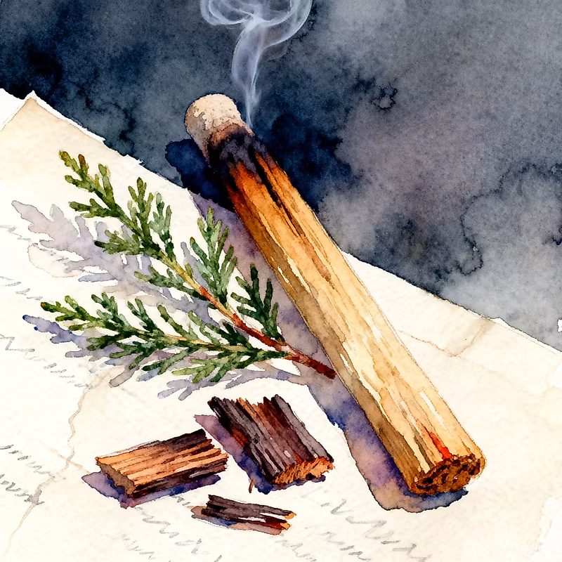 bâton de santal naturel brûlant à côté de quelques feuilles de cèdre et de quelques copeaux de bois d'oud