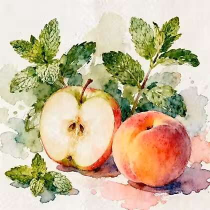 Many green mint leaves, juicy apple next to juicy peach.