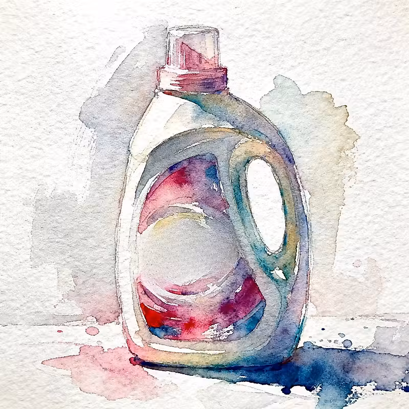 une peinture à l'aquarelle d'une bouteille de détergent à lessive