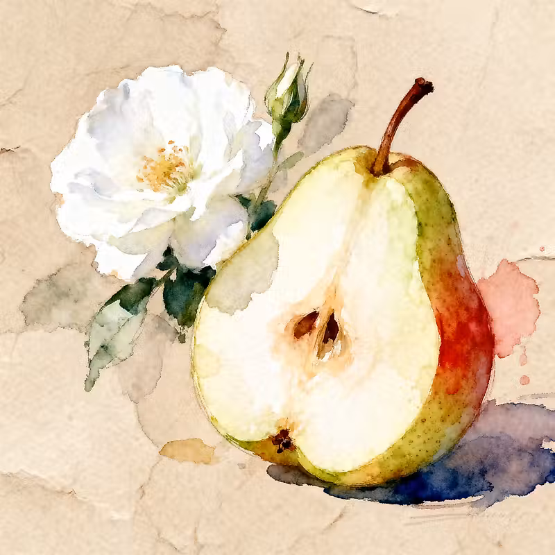 Demi-poire juteuse à côté d'une fleur blanche