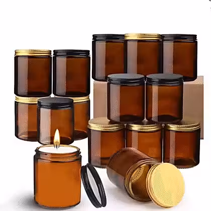 six glass jars with candles and lids
