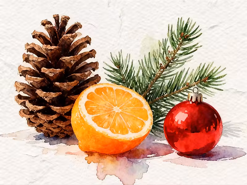 Pomme de pin avec des aiguilles de pin vertes à côté d'une orange juteuse et d'une décoration de Noël