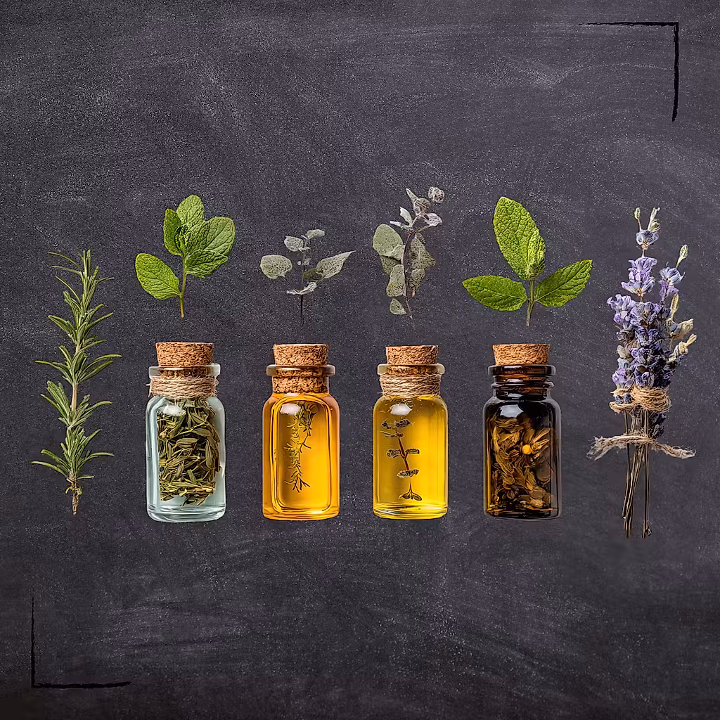 Assortment of herbs and essential oils in small glass bottles, including rosemary, mint, sage, lavender, and amber-colored oils.