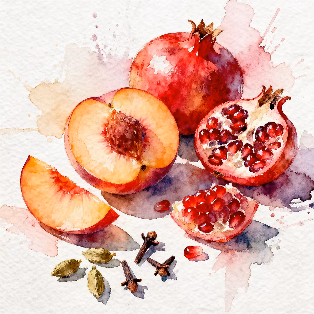 watercolor of juicy slices of nectarine, next to fresh pomegranate and very few (3-5) pieces of Cardamom and cloves using loose and expressive brush strokes