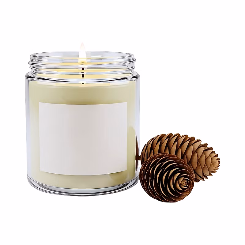 A lit candle in a glass jar with a blank white label, next to two pinecones.