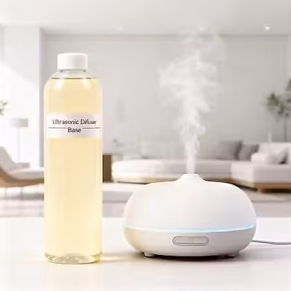 A clear bottle next to ultrasonic diffuser with living room at the background.