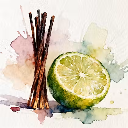 a watercolor painting of a lime and a piece of wood