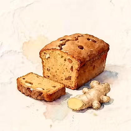 A bread cake next to a slice and fresh ginger