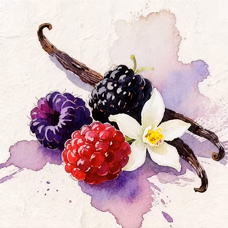 Baies colorées à côté d'une gousse de vanille et d'une fleur blanche