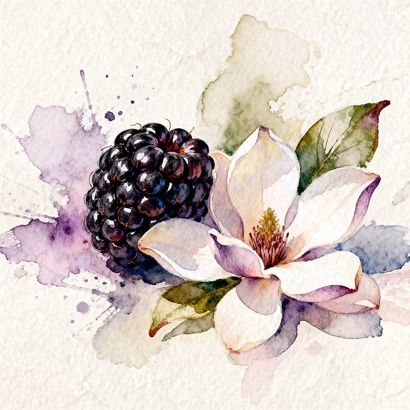 Black piece of raspberry next to pink magnolia blossom