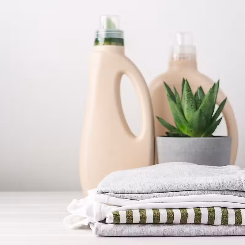 Deux bouteilles de détergent à lessive se trouvent derrière une succulente dans un pot gris et une pile de vêtements soigneusement pliée.