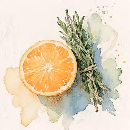 A halved citrus orange next to a bundle of fresh green sage tied with natural twine.
