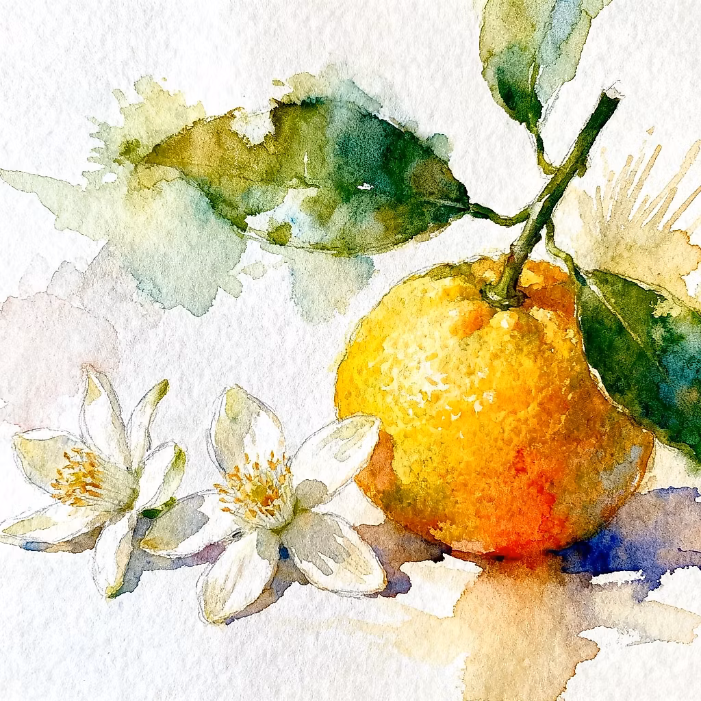 Water color of an orange fruit beside a blossom