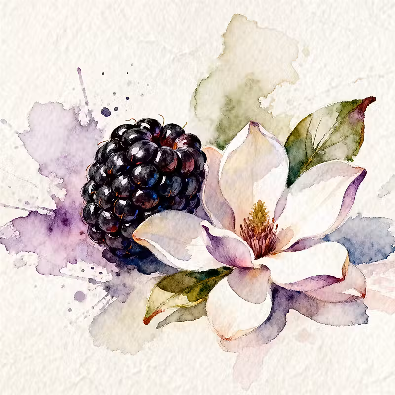 Morceau de framboise noire à côté d'une fleur de magnolia rose