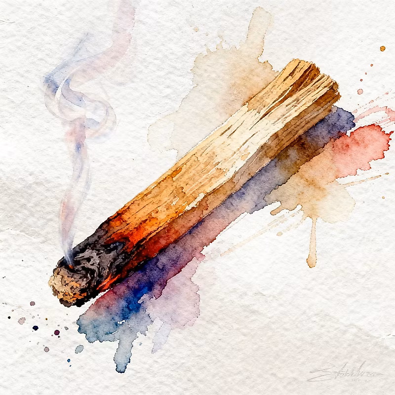 Watercolor representation of palo santo stick burning