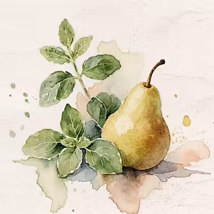 a watercolor painting of a pear and leaves